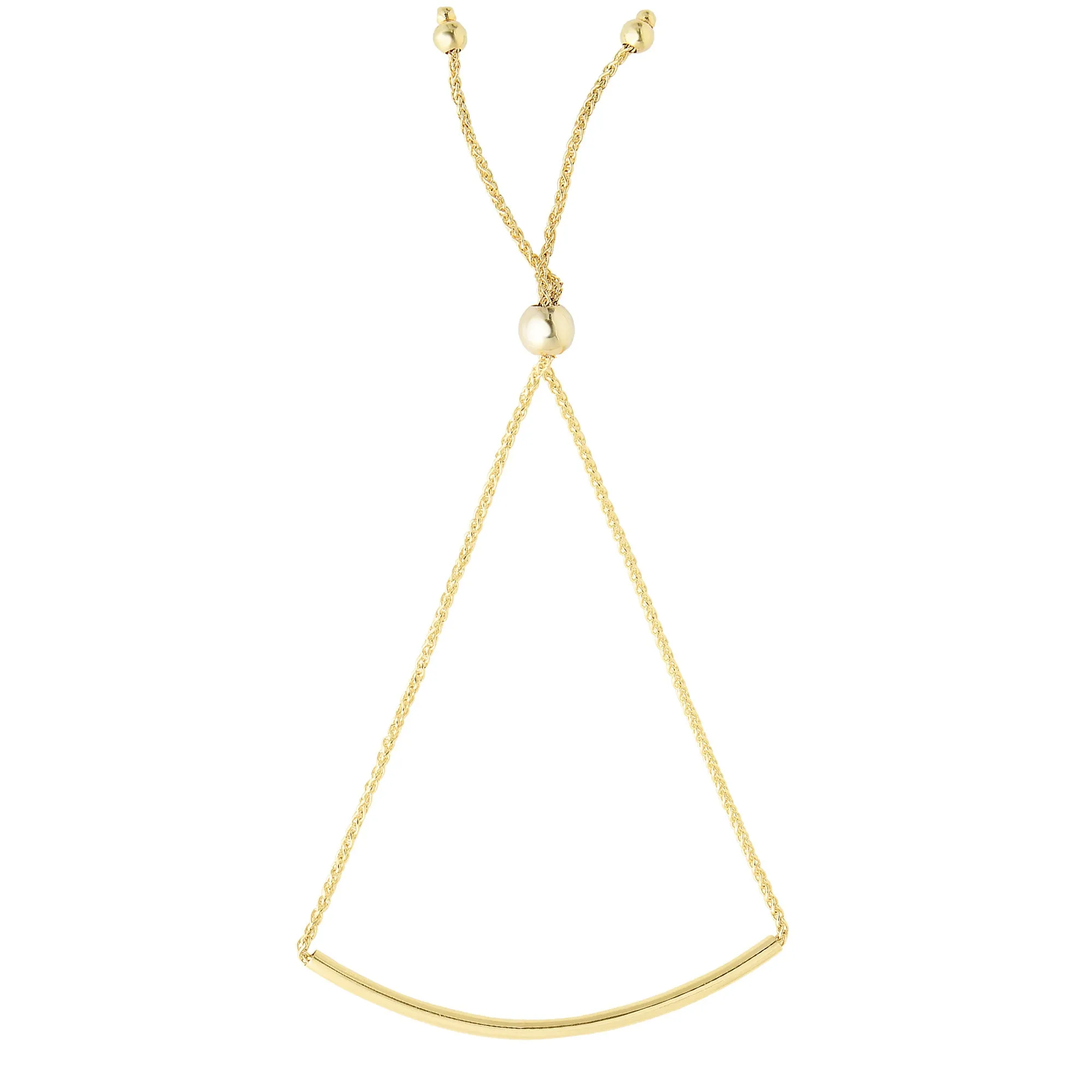 14K Yellow Gold Curve Bar Diamond Cut Wheat Chain Adjustable Bracelet With Adjustable Ball Clasp, 9.25"