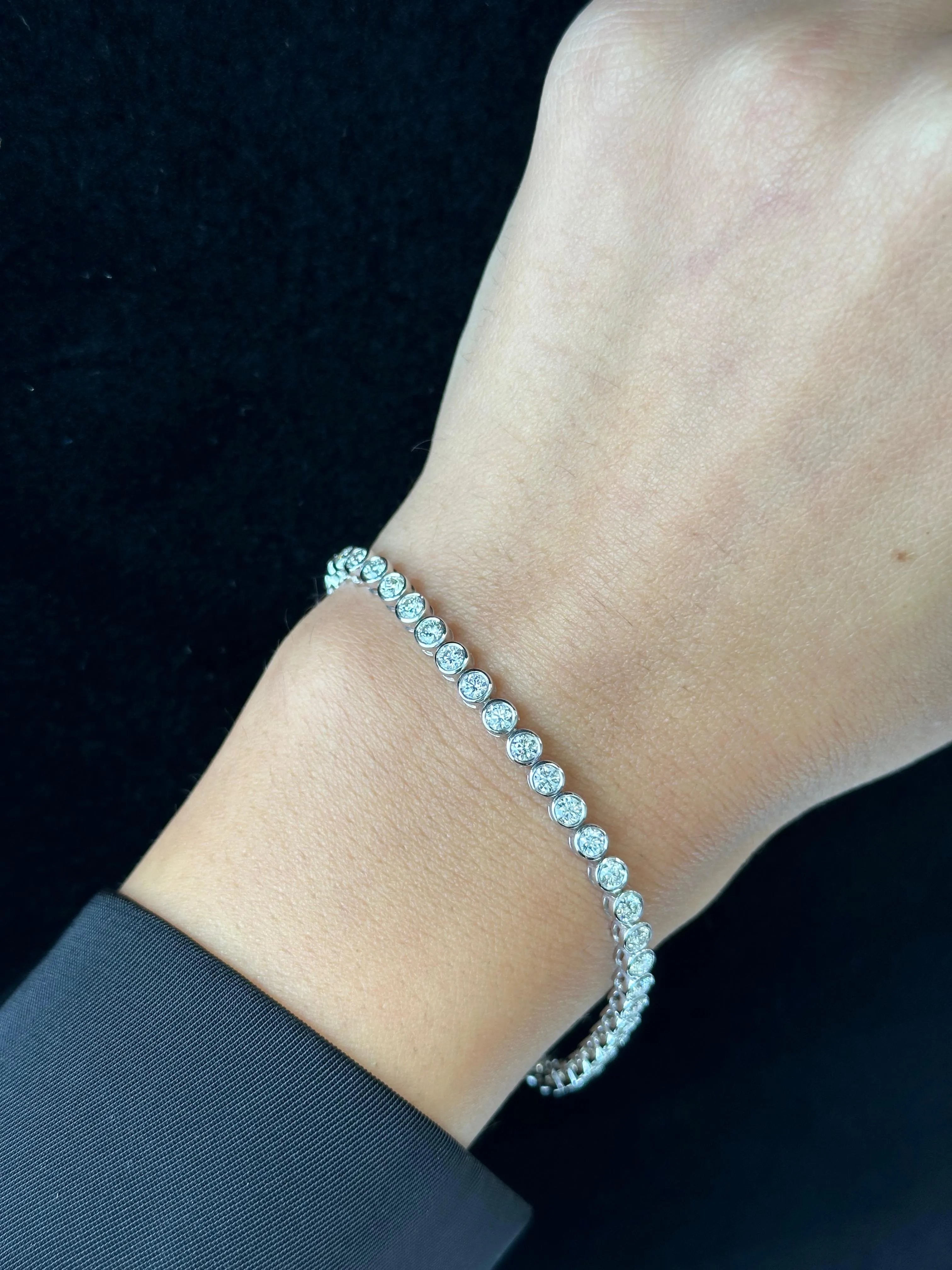 Bezel Set Natural Diamond Tennis Bracelet 14K Solid Gold