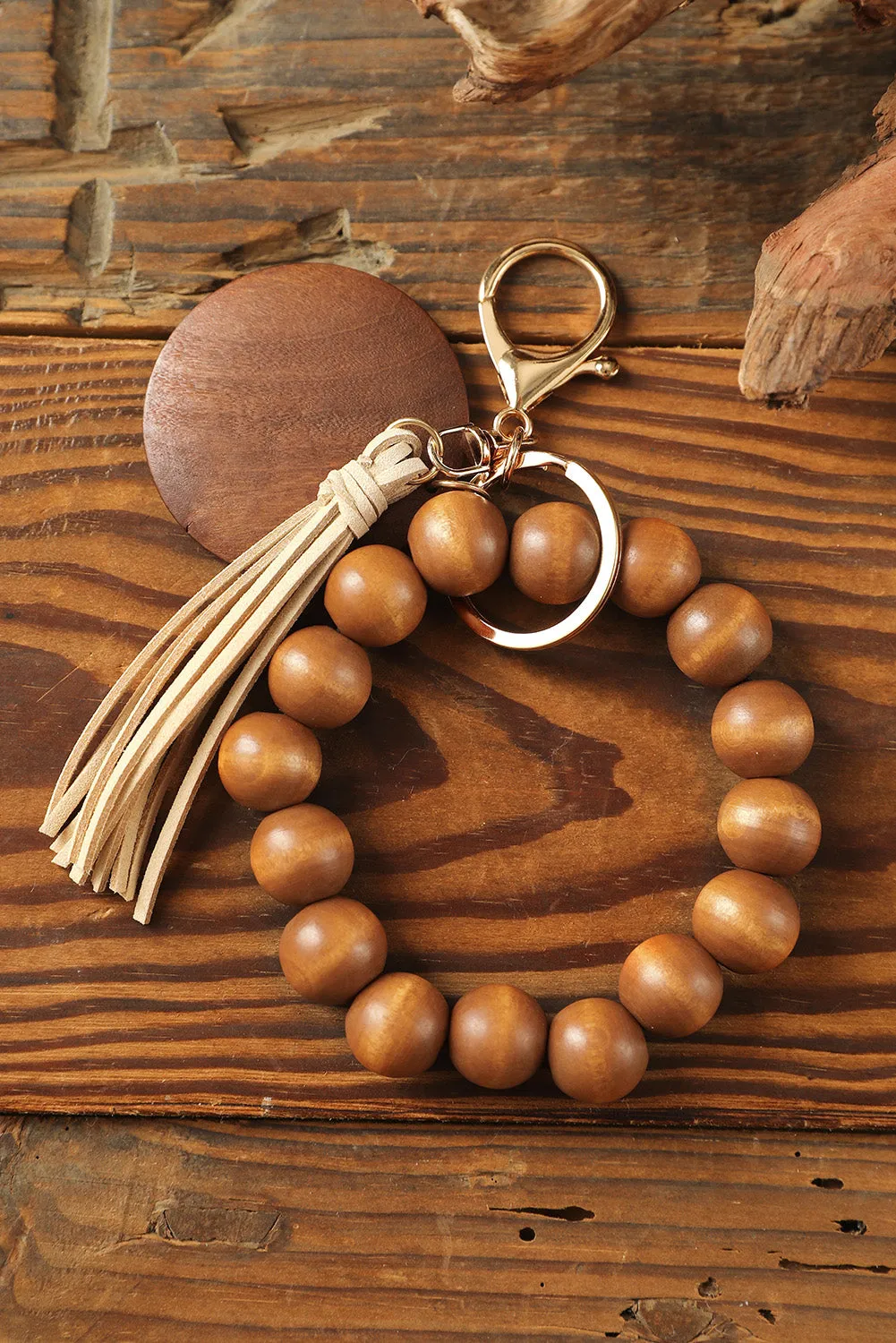 Brown Wood Beads Bracelet Tassel Keyring