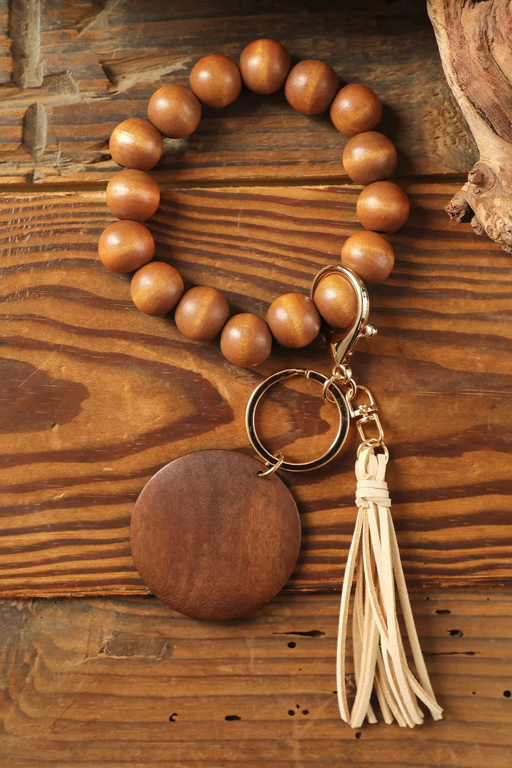 Brown Wood Beads Bracelet Tassel Keyring