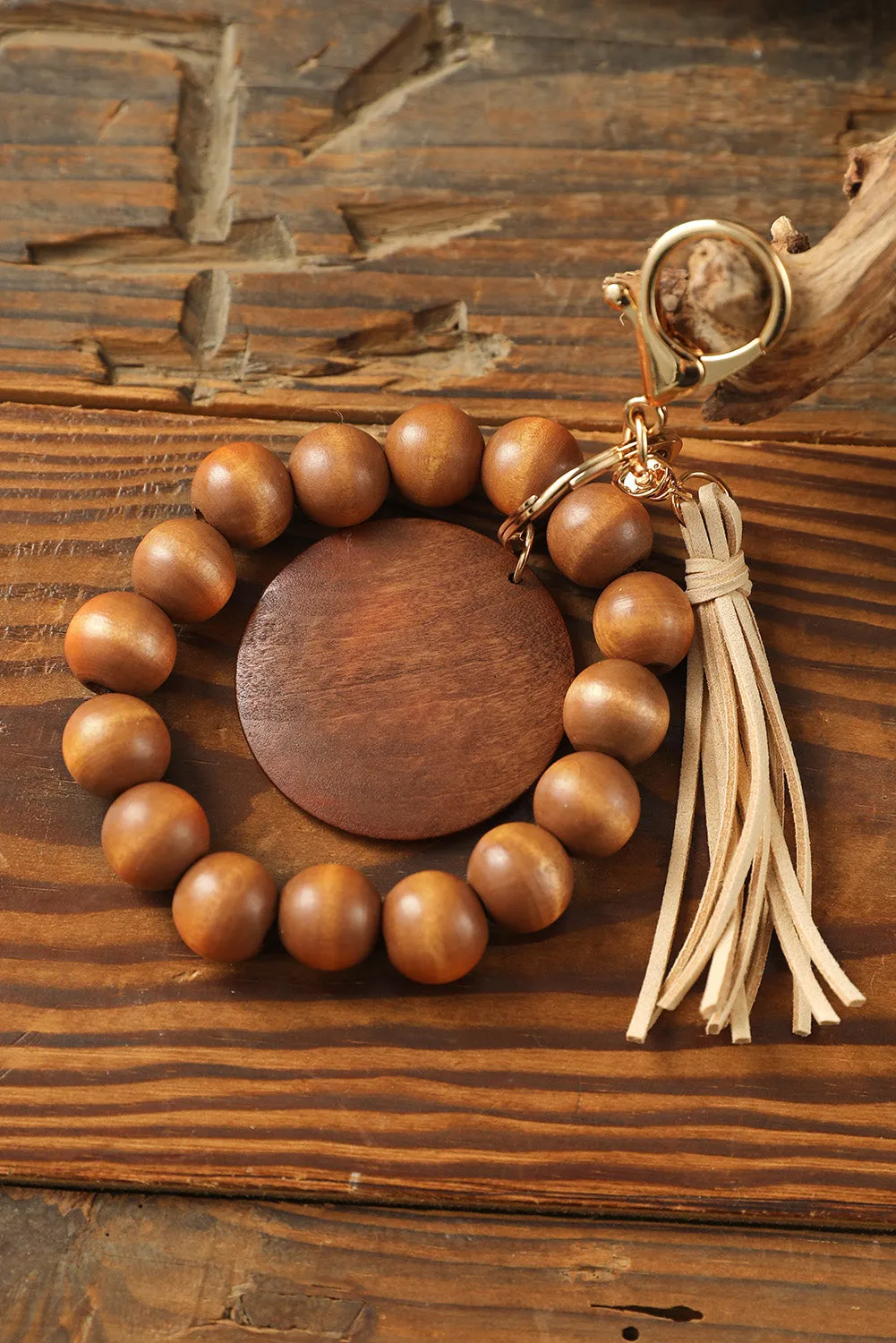 Brown Wood Beads Bracelet Tassel Keyring