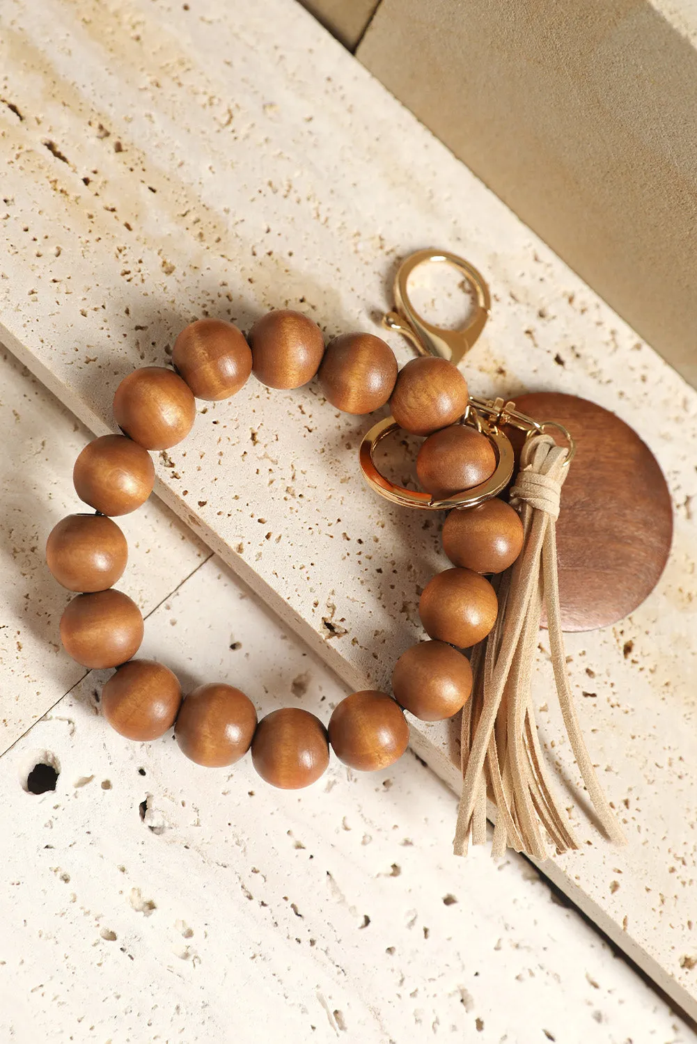 Brown Wood Beads Bracelet Tassel Keyring