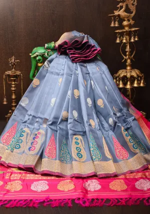 Cloud Gray Gadwal Pure Silk Saree with Meenakari Paisley Border| SILK MARK CERTIFIED