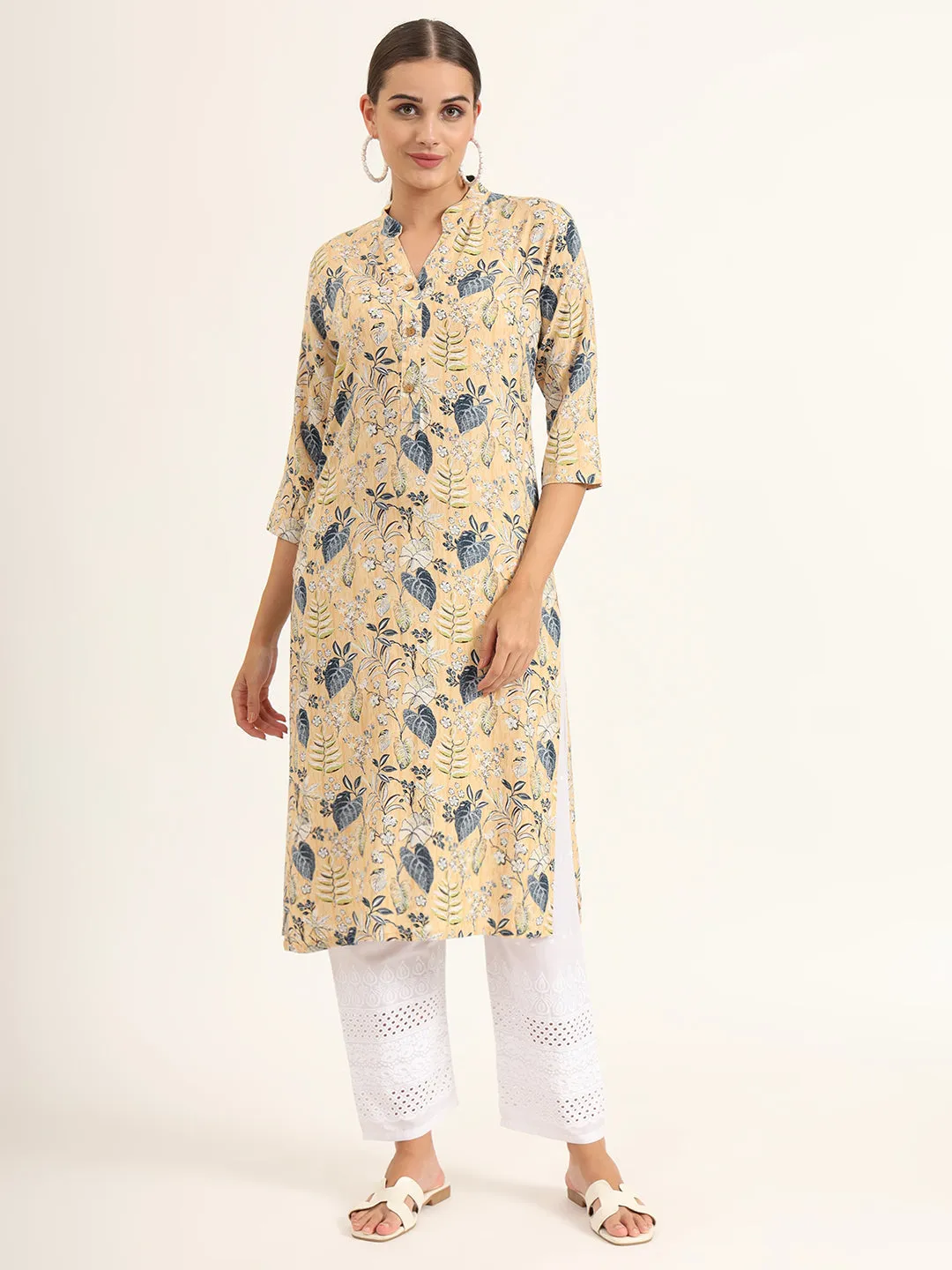 Divena Yellow Floral Print Rayon Straight Kurta