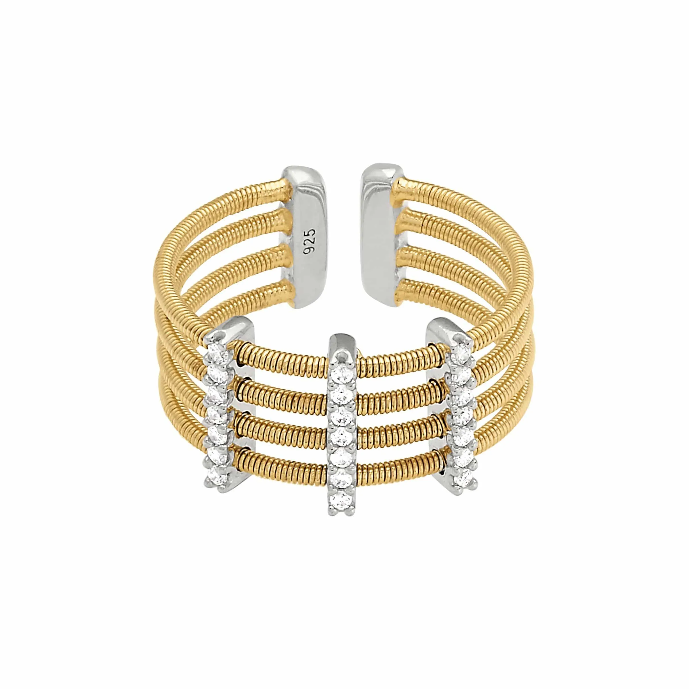 Gold Finish Sterling Silver Multi Cable Cuff Ring - LL7014R-G/RH