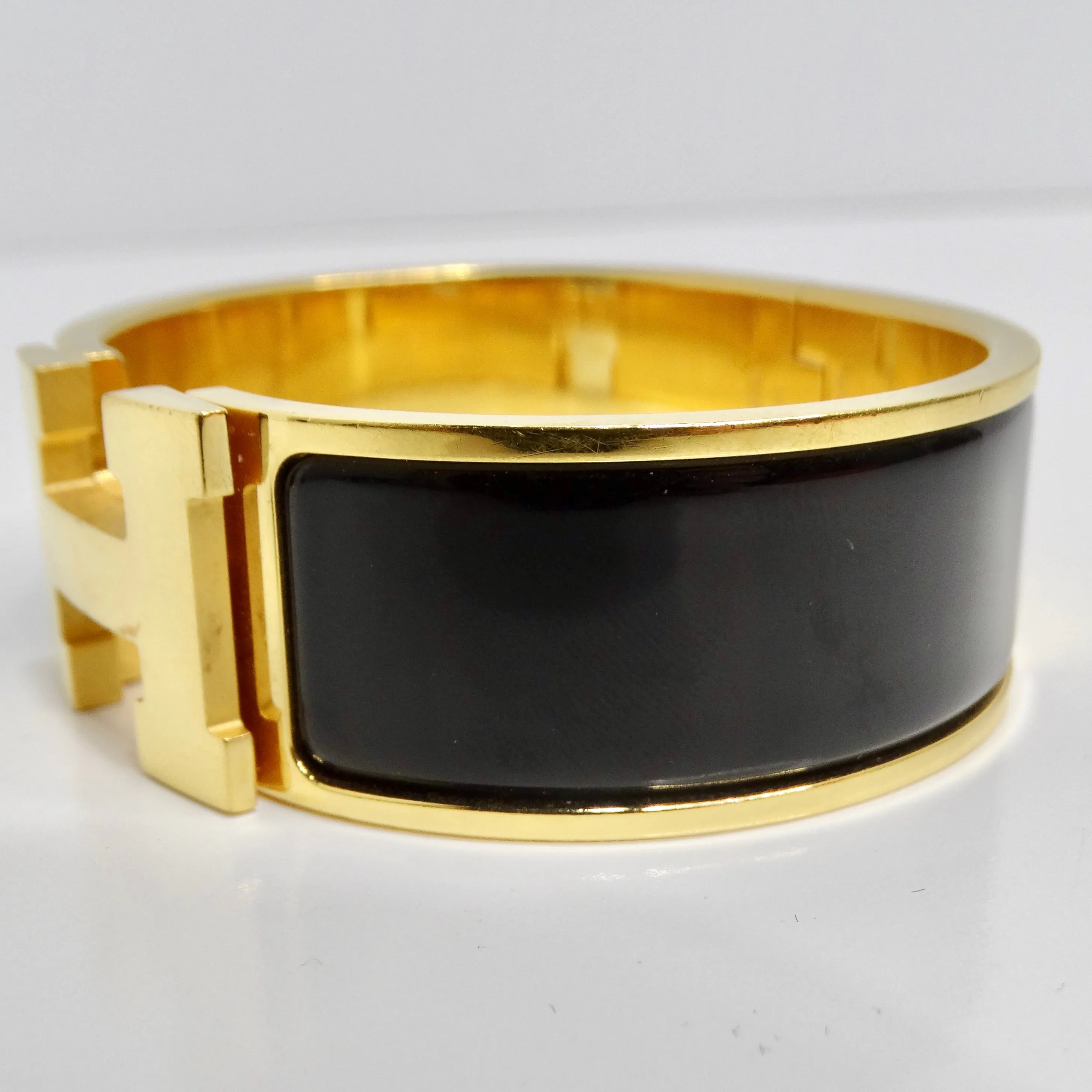 Hermes Clic Clac H Black Enamel Gold Plated Bracelet