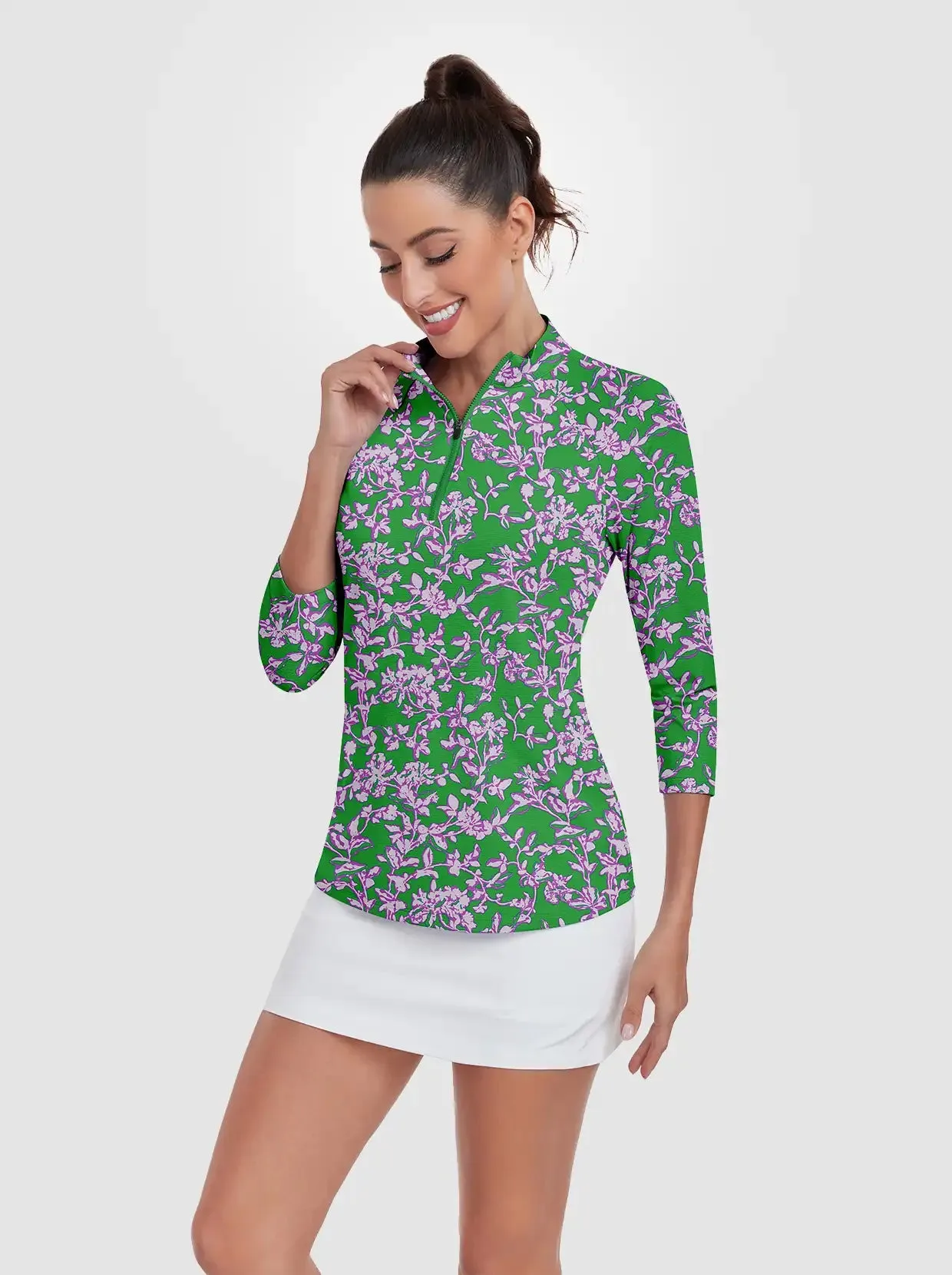 Light Purple Floral Quarter-zip 3/4 Sleeve Polo Shirt For Women