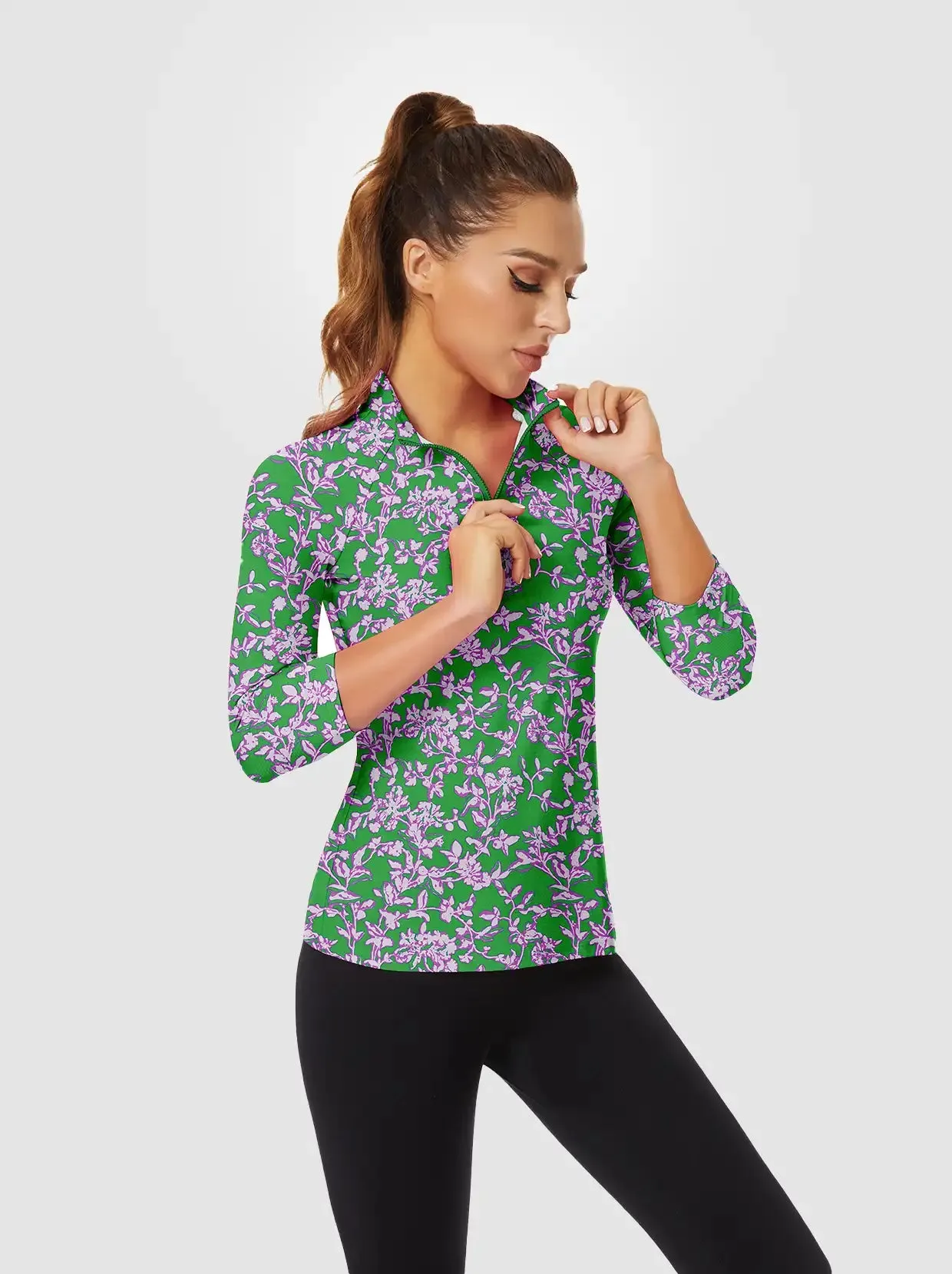 Light Purple Floral Quarter-zip 3/4 Sleeve Polo Shirt For Women