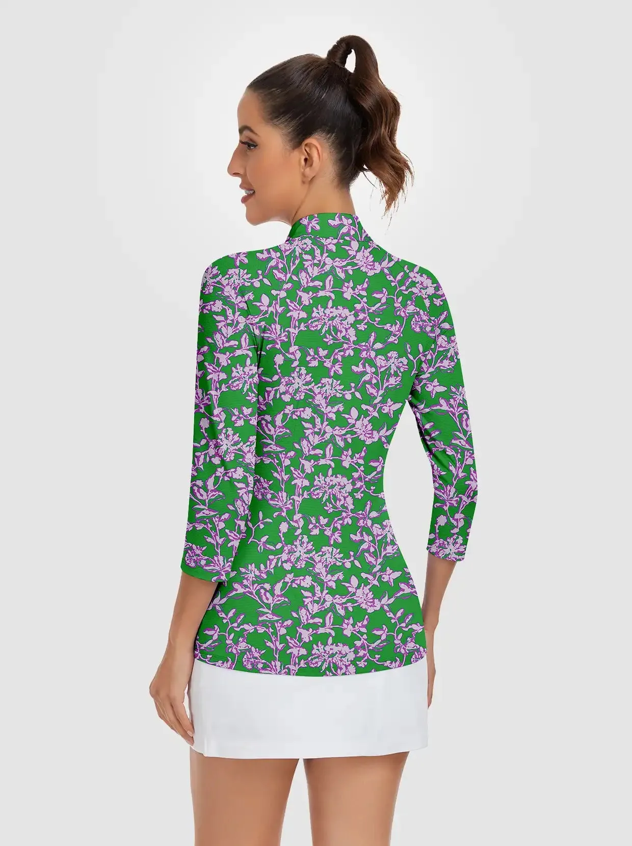 Light Purple Floral Quarter-zip 3/4 Sleeve Polo Shirt For Women
