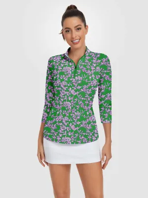 Light Purple Floral Quarter-zip 3/4 Sleeve Polo Shirt For Women