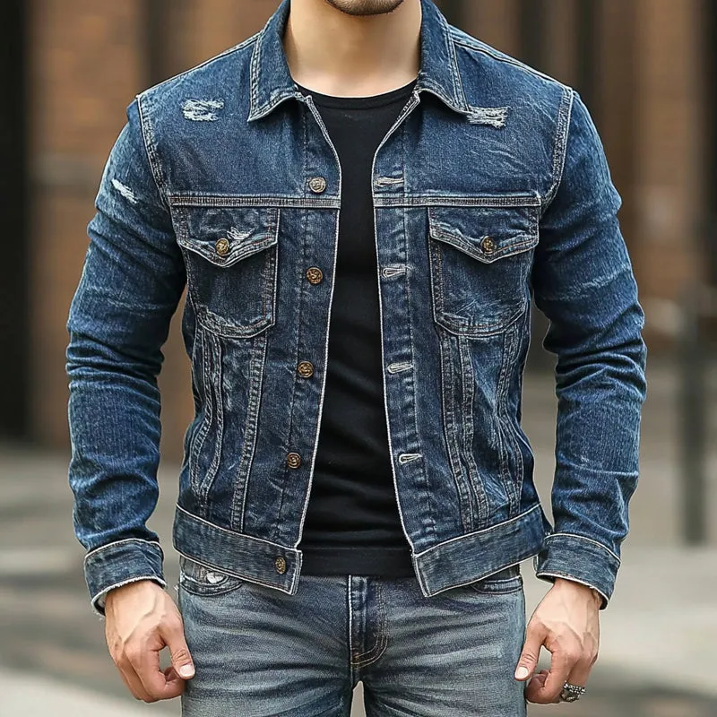 Men's Ripped Single Breasted Lapel Denim Jacket 89789274X