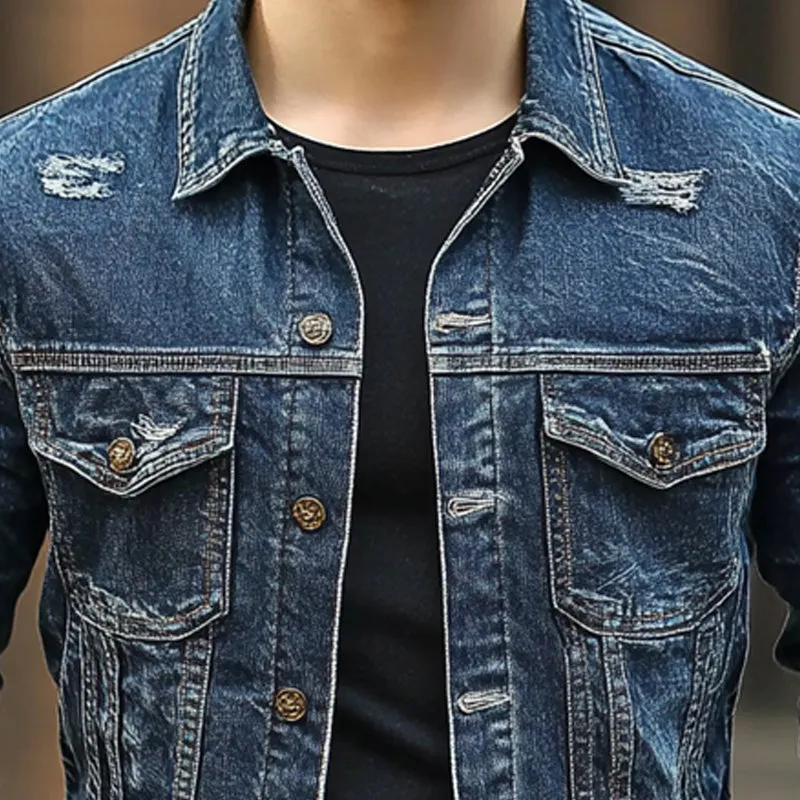 Men's Ripped Single Breasted Lapel Denim Jacket 89789274X