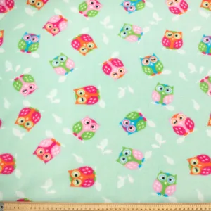 Multi Coloured Owls on Mint Printed Polar Fleece Design 73