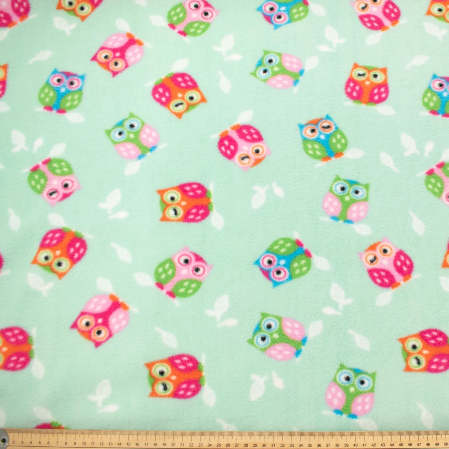 Multi Coloured Owls on Mint Printed Polar Fleece Design 73
