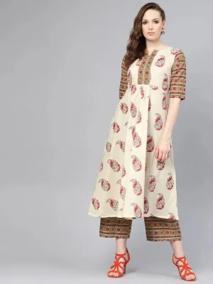 Multicoloured Printed Cotton A-Line Kurta With Palazzos