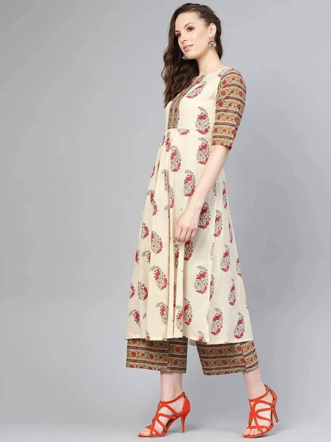 Multicoloured Printed Cotton A-Line Kurta With Palazzos