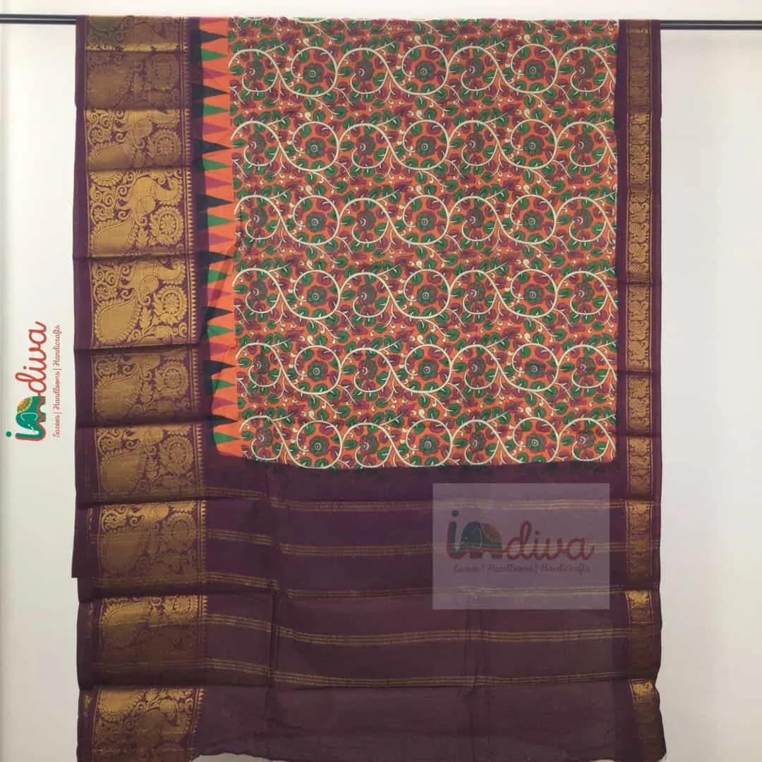Orange & Brown Sungudi Cotton Saree With Kalamkari Prints