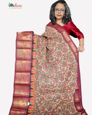 Orange & Brown Sungudi Cotton Saree With Kalamkari Prints