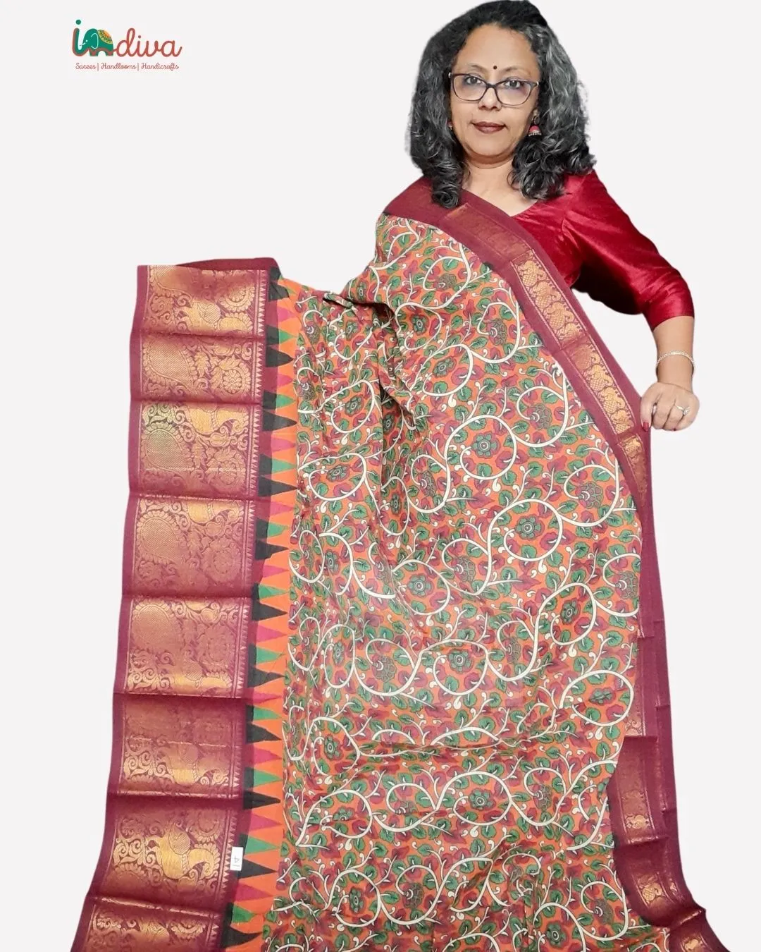 Orange & Brown Sungudi Cotton Saree With Kalamkari Prints