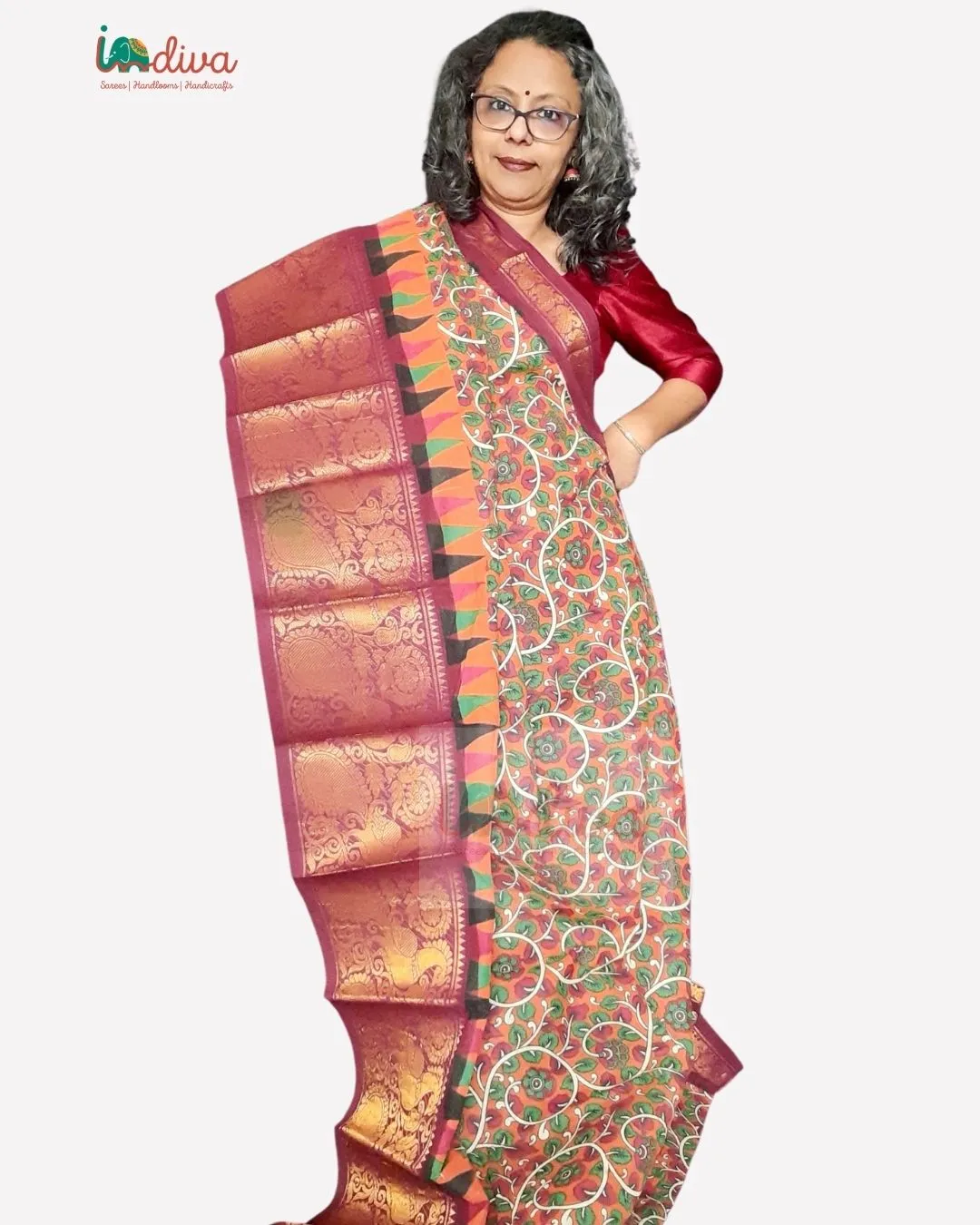 Orange & Brown Sungudi Cotton Saree With Kalamkari Prints