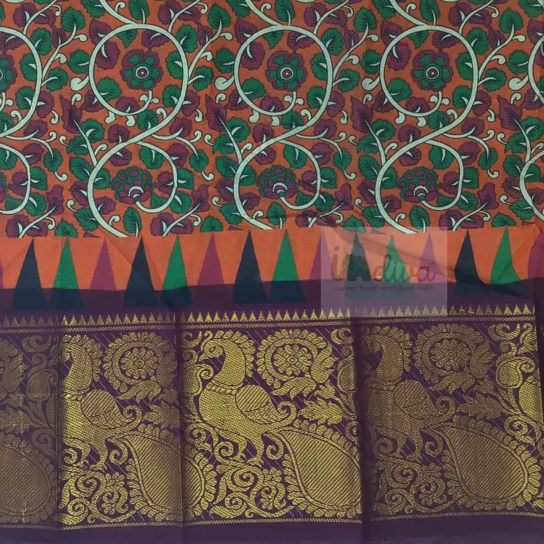 Orange & Brown Sungudi Cotton Saree With Kalamkari Prints