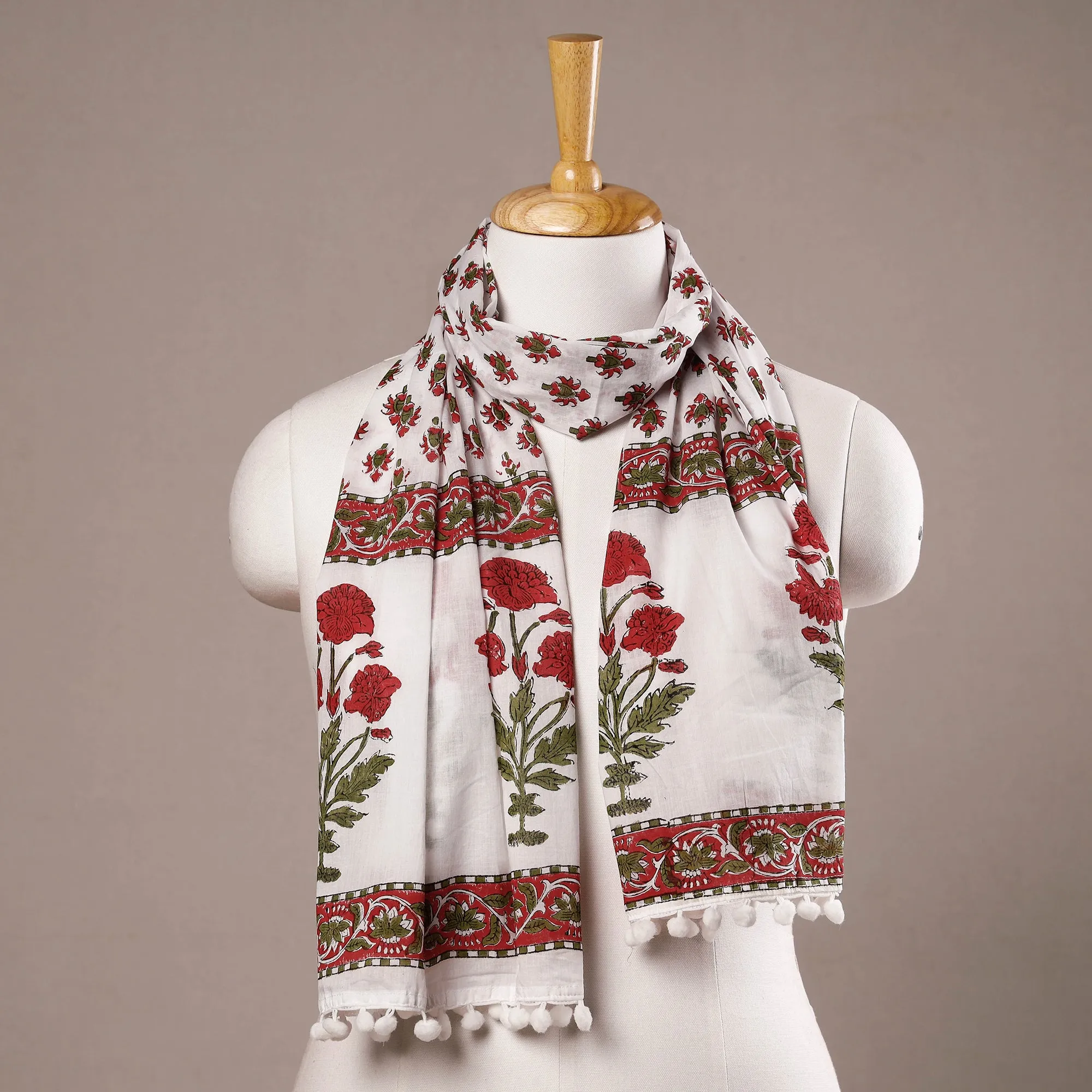 Pink - Champa Flowers Sanganeri Block Printed Cotton Stoles With Tassels