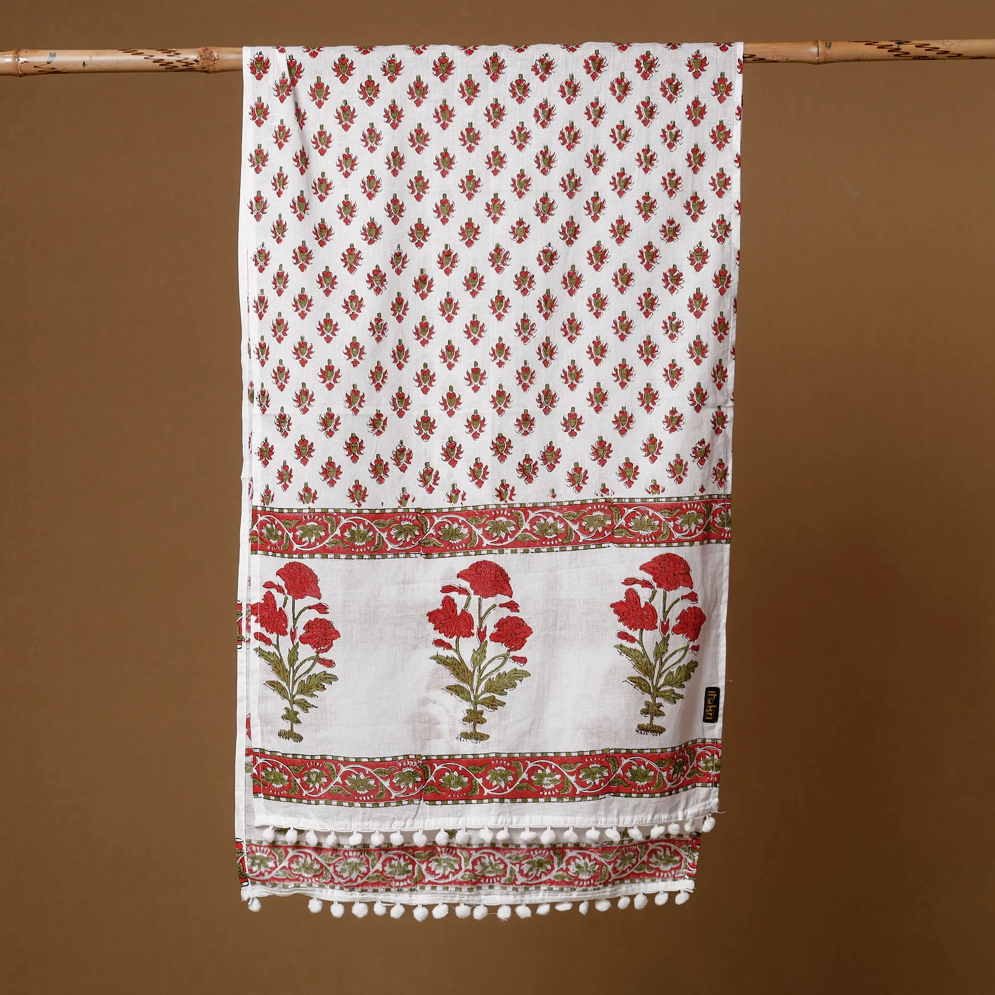 Pink - Champa Flowers Sanganeri Block Printed Cotton Stoles With Tassels