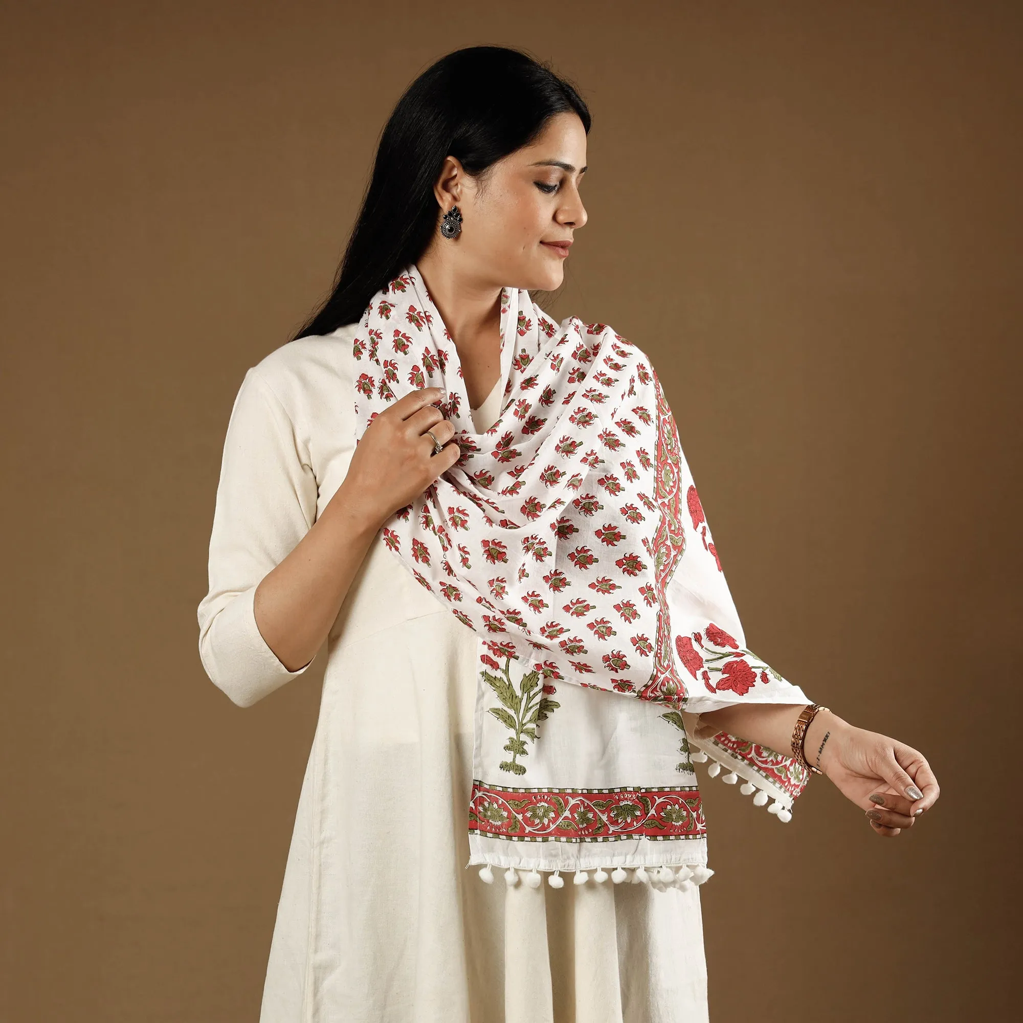 Pink - Champa Flowers Sanganeri Block Printed Cotton Stoles With Tassels