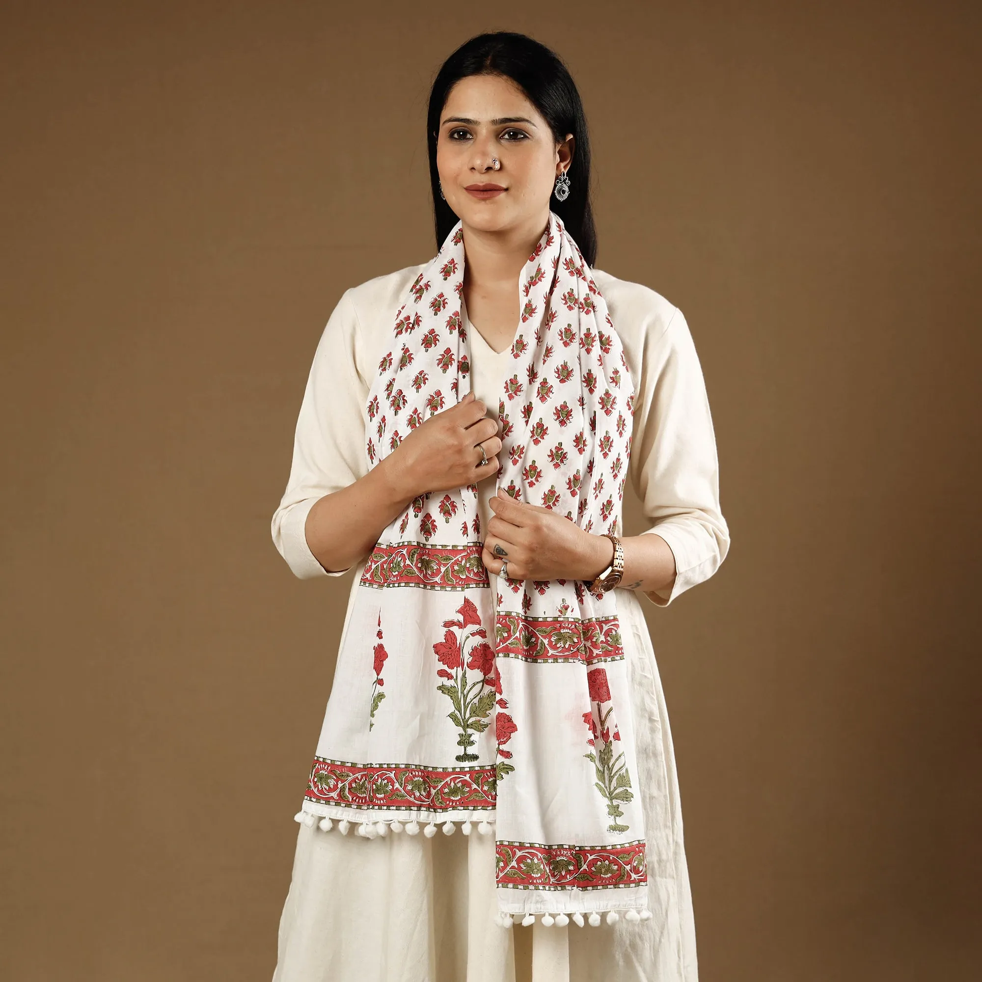 Pink - Champa Flowers Sanganeri Block Printed Cotton Stoles With Tassels