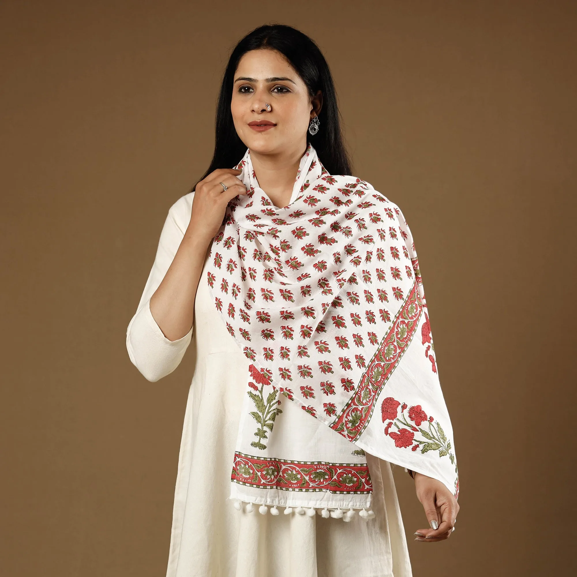 Pink - Champa Flowers Sanganeri Block Printed Cotton Stoles With Tassels