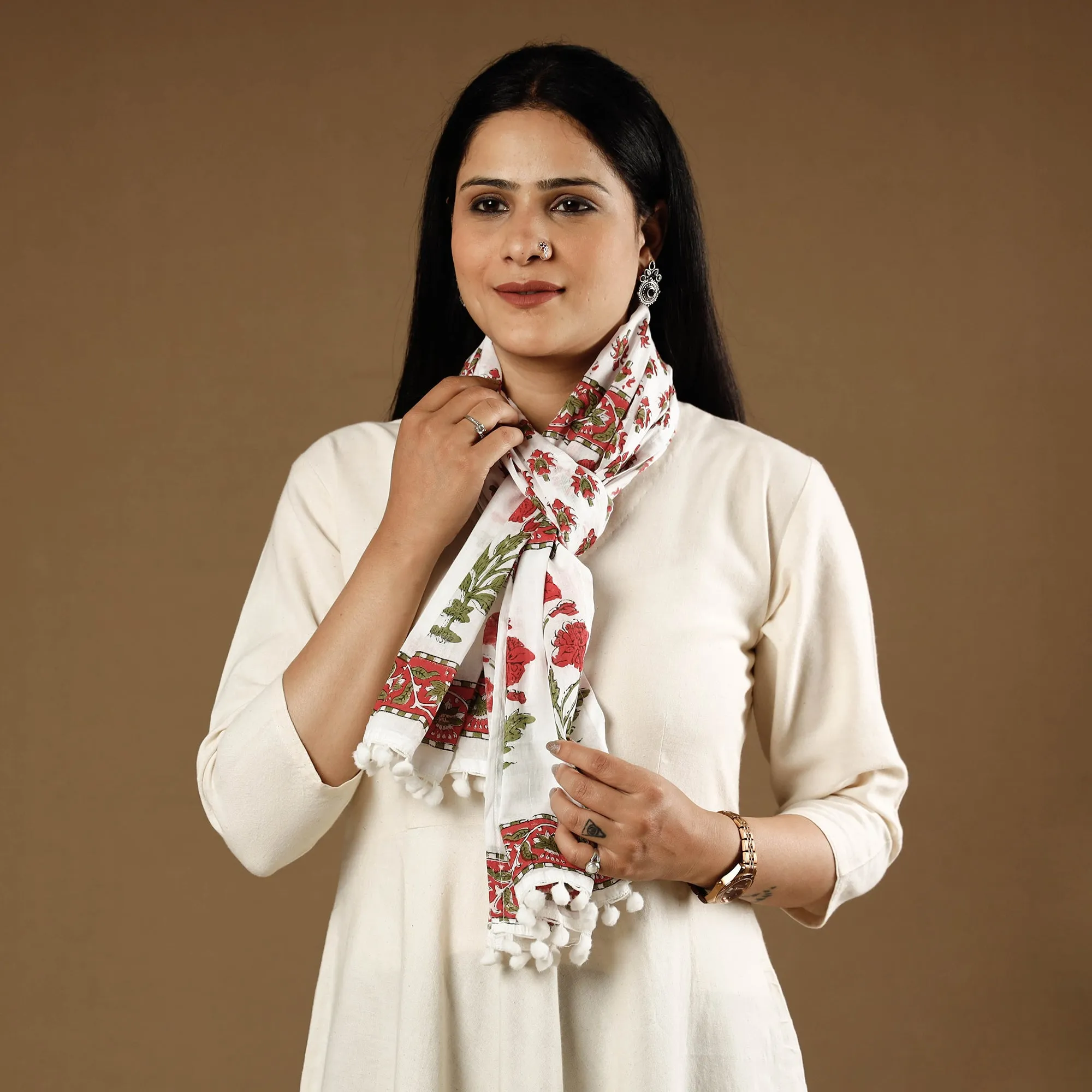 Pink - Champa Flowers Sanganeri Block Printed Cotton Stoles With Tassels