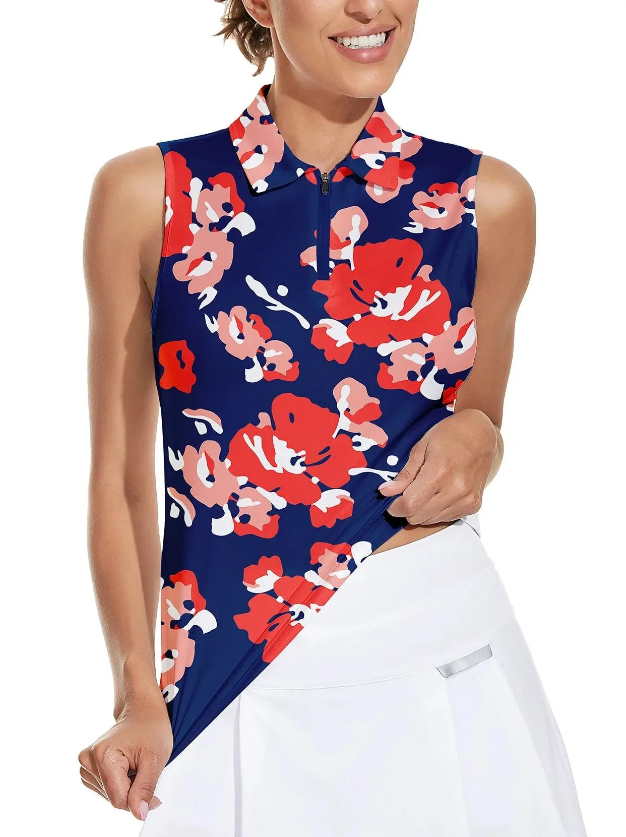 Red Floral Athletic Sleeveless Polo Shirt For Women