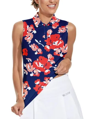 Red Floral Athletic Sleeveless Polo Shirt For Women