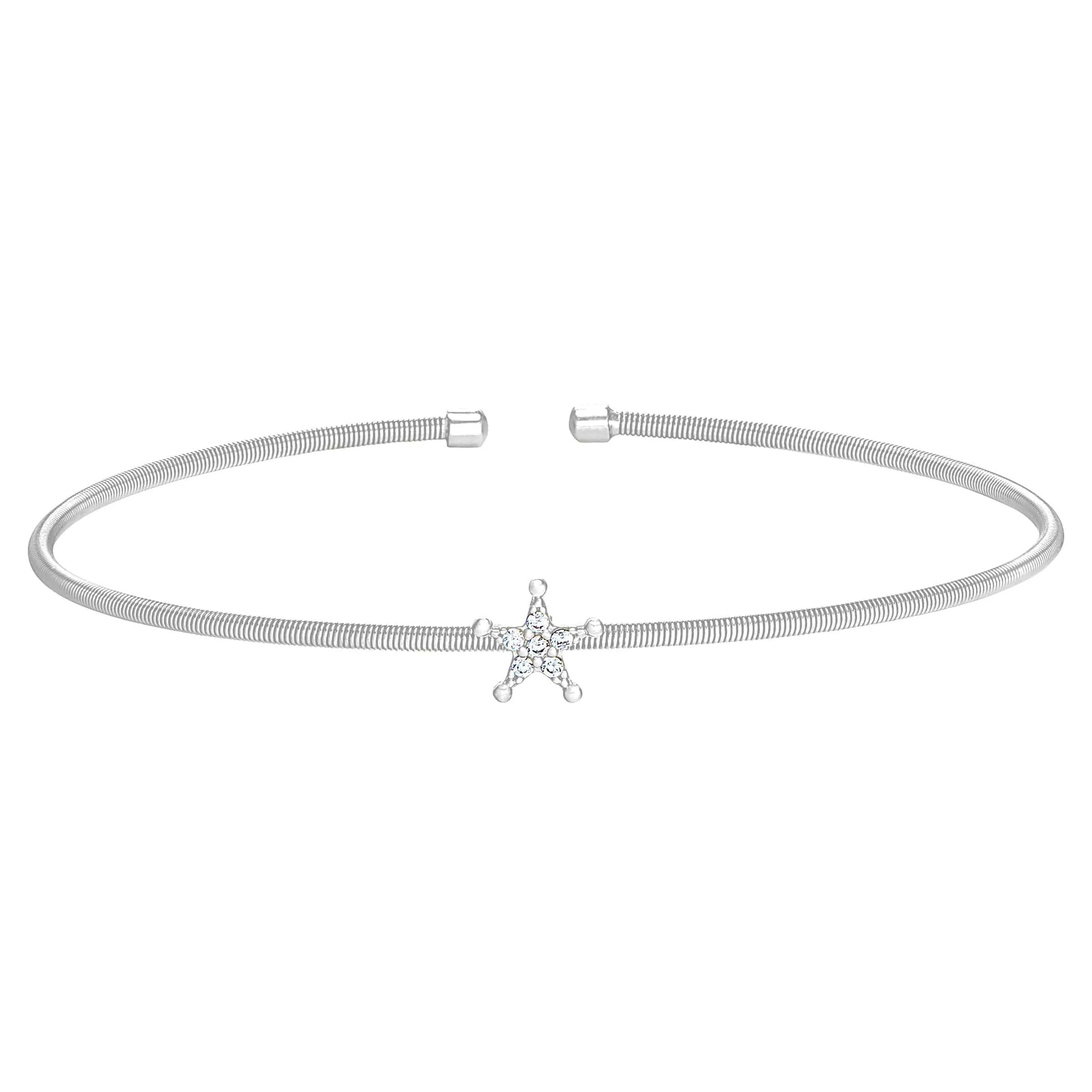 Rhodium Finish Sterling Silver Cable Cuff Star Bracelet - LL7083B-RH