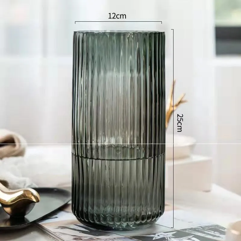 Ridged Cylinderical Glass Flower Vase