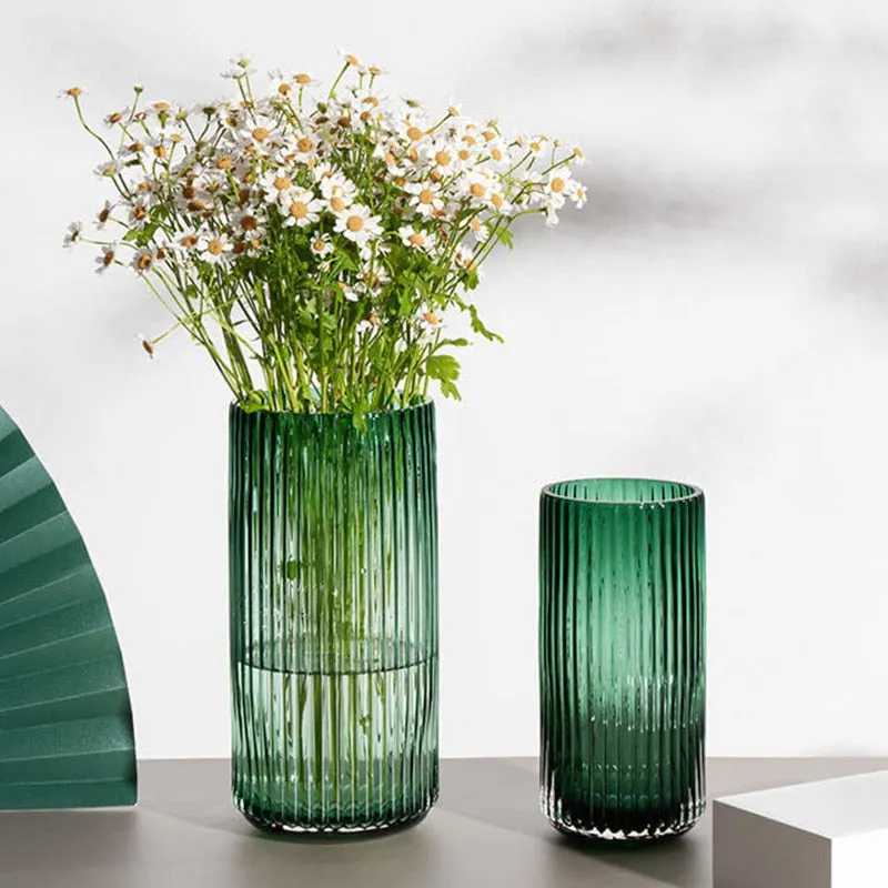 Ridged Cylinderical Glass Flower Vase