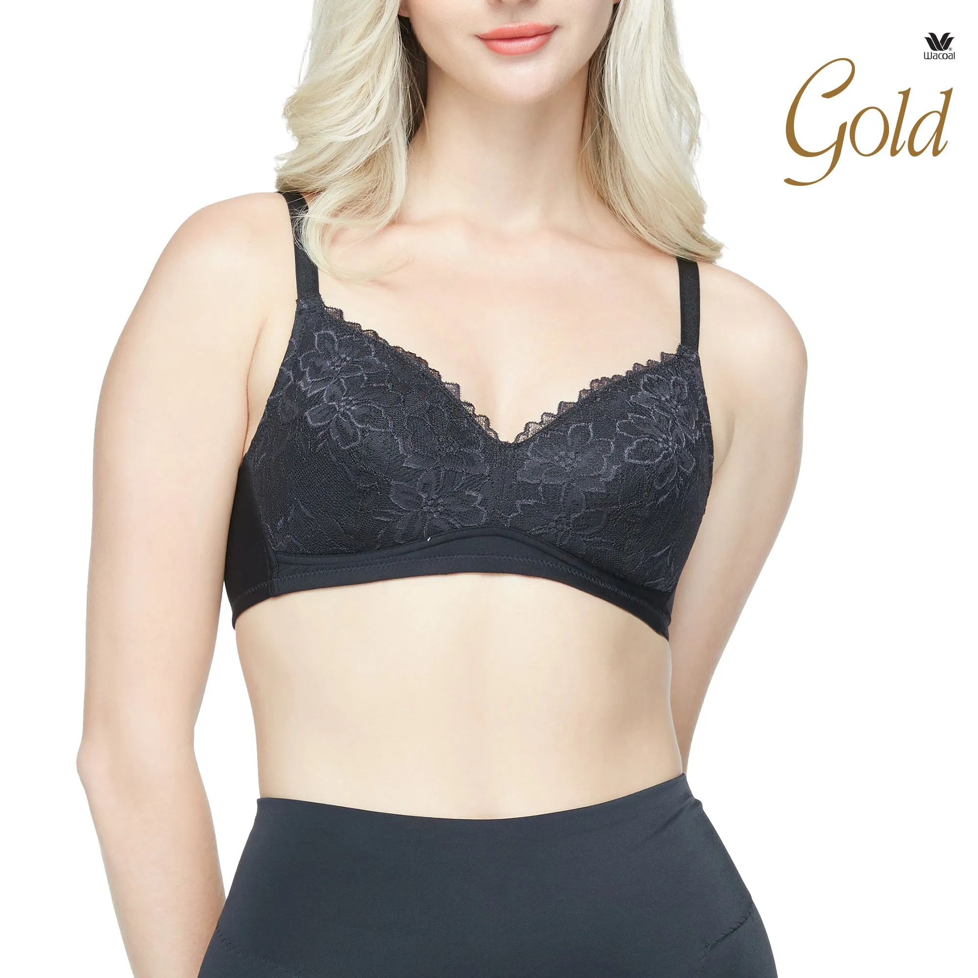 Wacoal Gold บราเพื่อสุขภาพแบบไร้โครง ไม่เสริมฟองน้ำ รุ่นWO1542  (เข้าคู่ WO3203 ) สีดำ (BL)